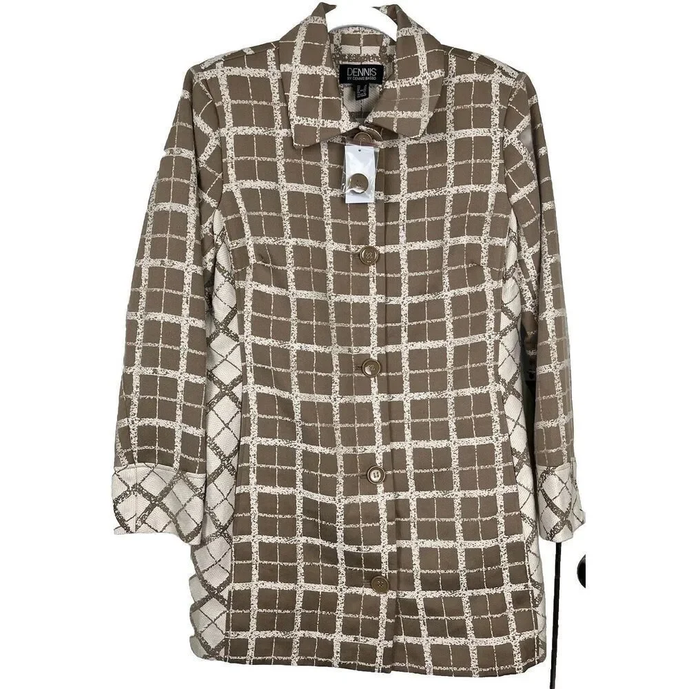 Dennis Basso Women's Plaid Button Front Topper Pockets Cream Tan Size‎ 8 NWT